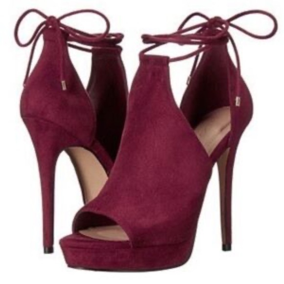 Aldo Tilley Burgundy Velvet Ankle Tie Peep Toe Heels - Picture 3 of 13